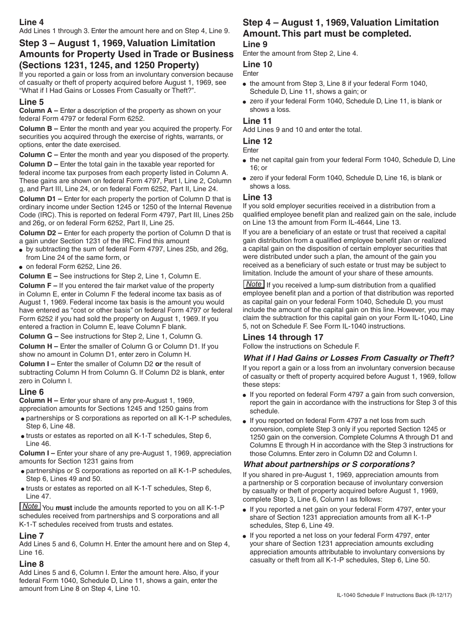 Instructions for Form IL-1040 Schedule F Gains From Sales or Exchanges of Property Acquired Before August 1, 1969 - Illinois, Page 2