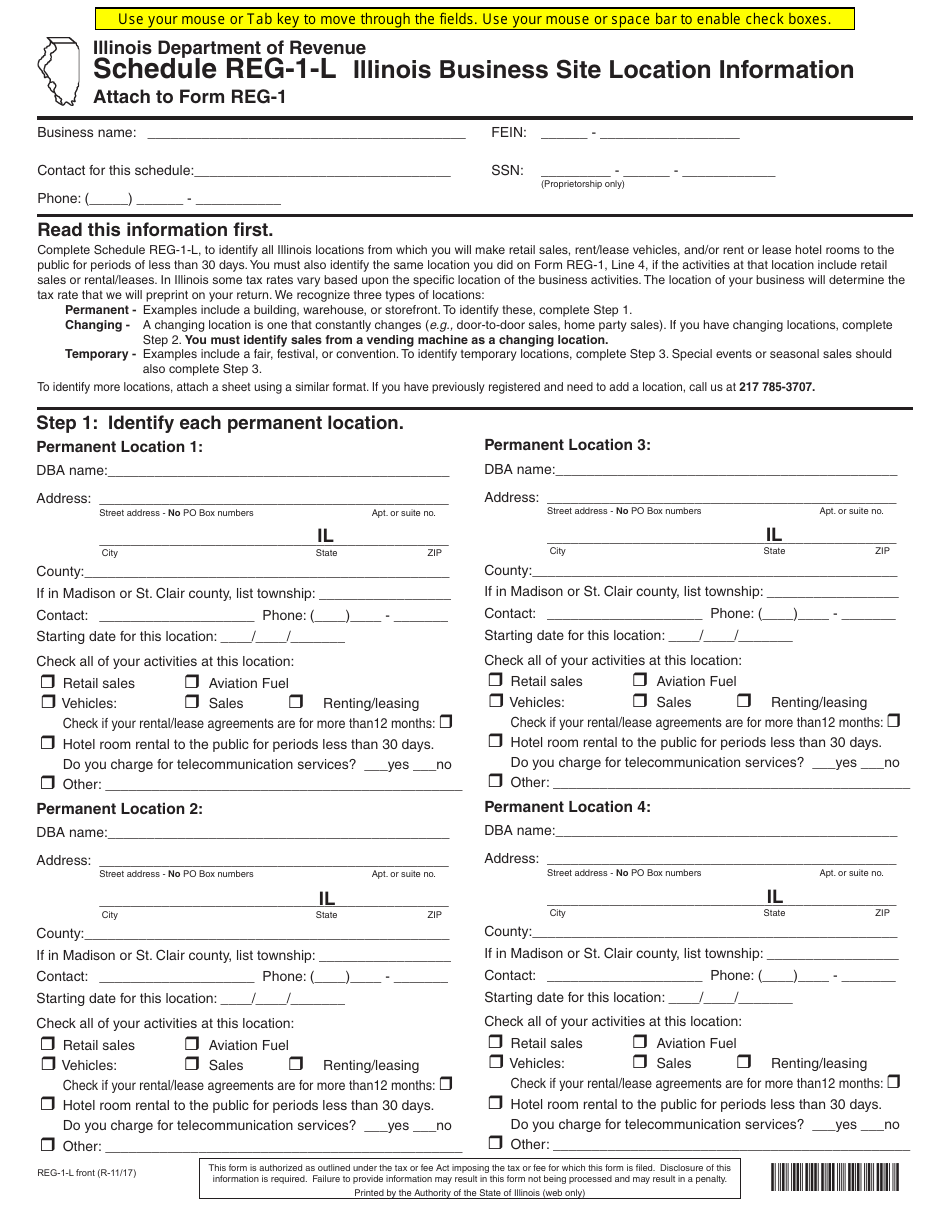 Form REG-1 Schedule REG-1-L Illinois Business Site Location Information - Illinois, Page 1