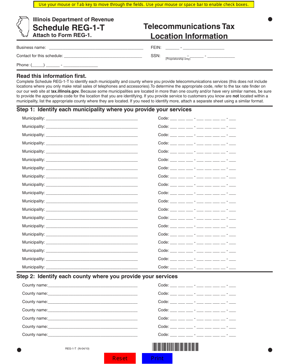 Form REG-1 Schedule REG-1-T Telecommunications Tax Location Information - Illinois, Page 1