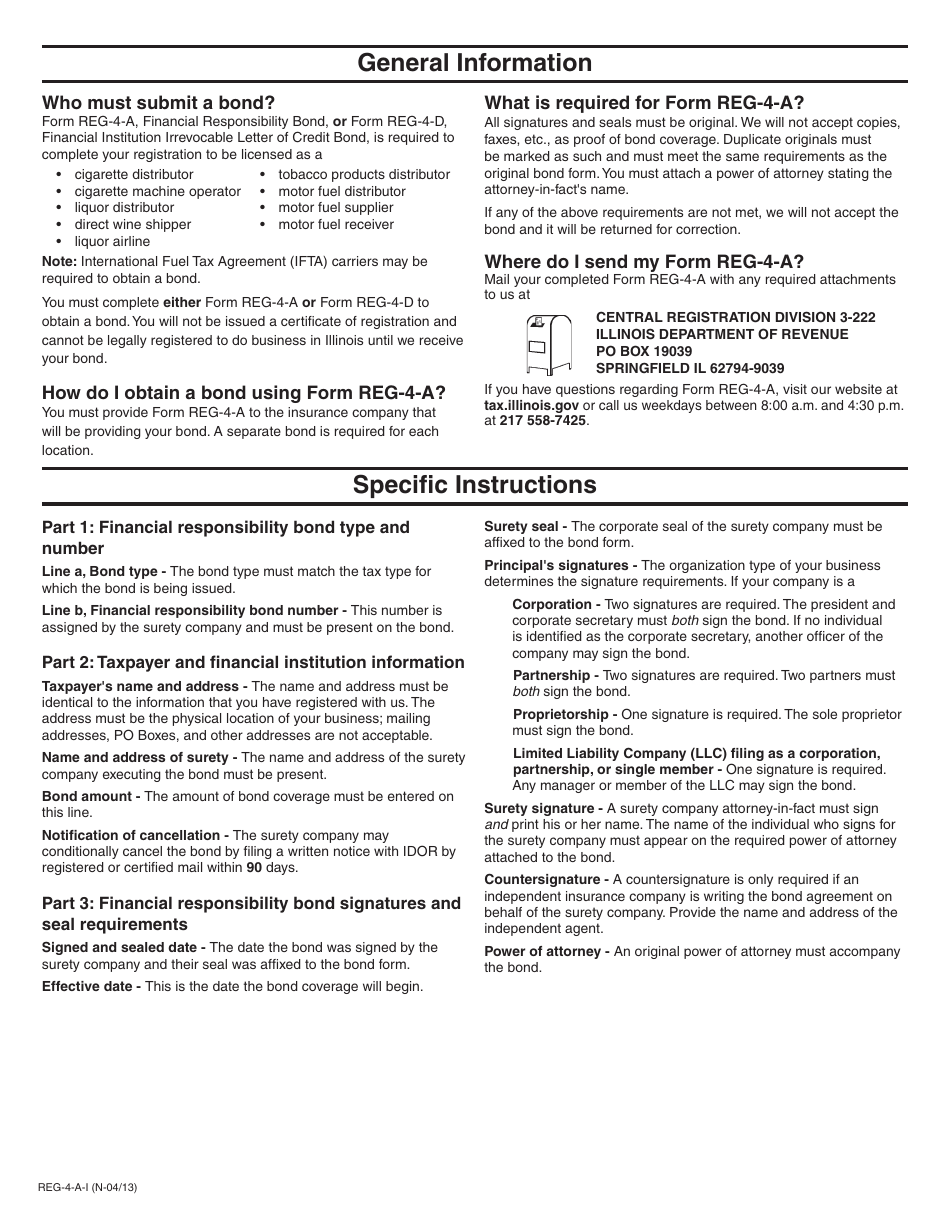 Instructions for Form REG-4-A Financial Responsibility Bond - Illinois, Page 1