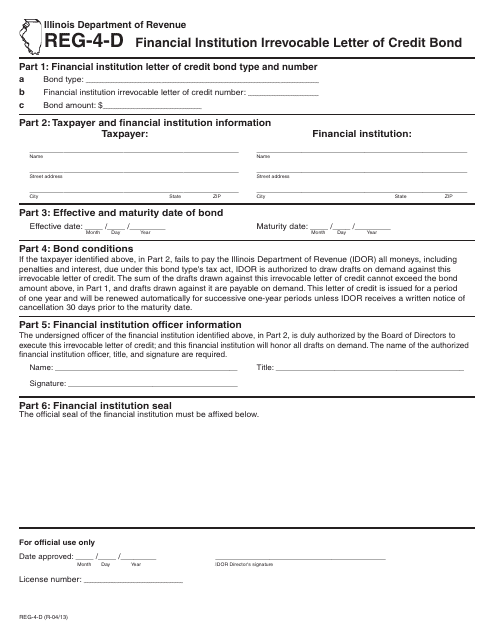 Form REG-4-D Financial Institution Irrevocable Letter of Credit Bond - Illinois