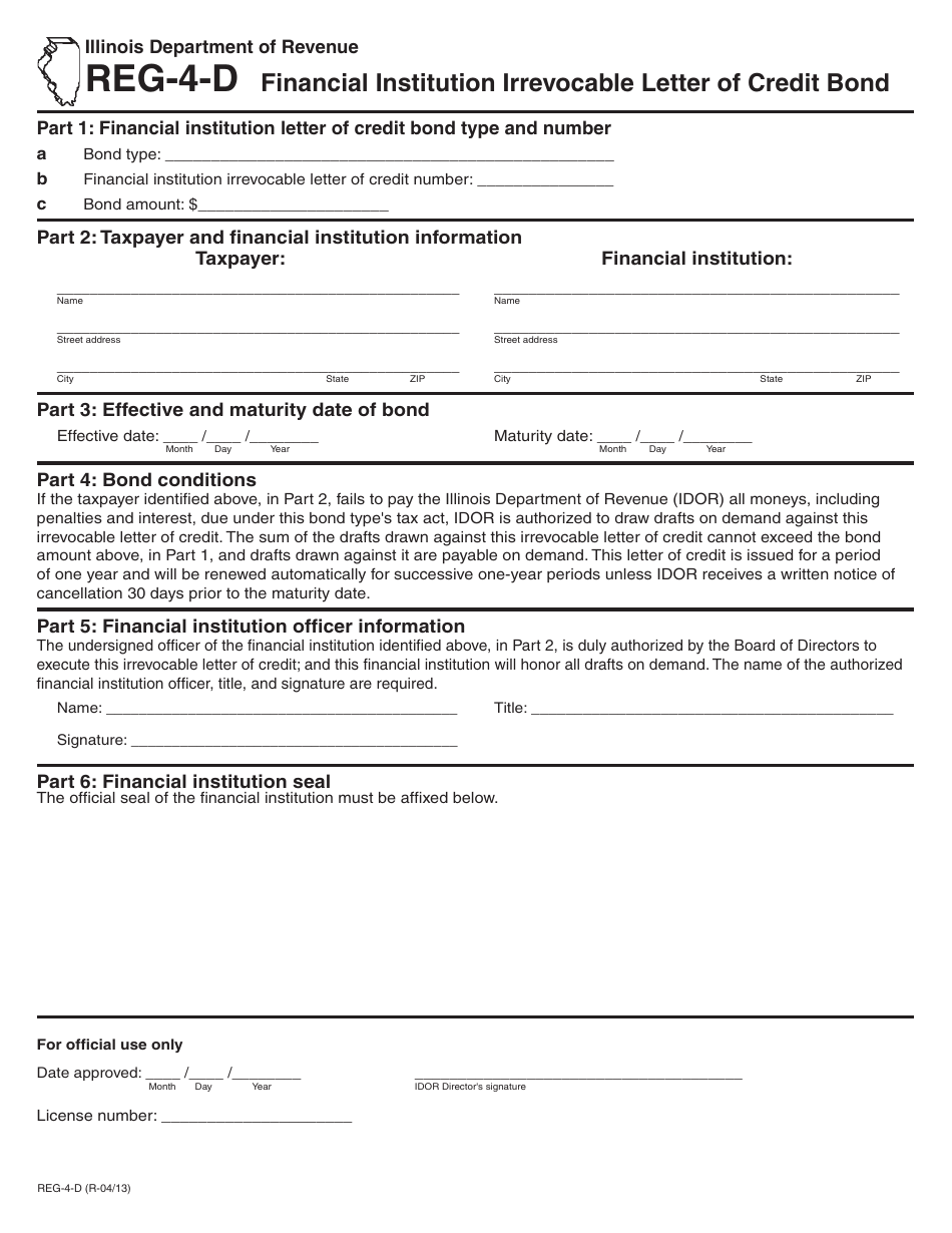 Form REG-4-D Financial Institution Irrevocable Letter of Credit Bond - Illinois, Page 1