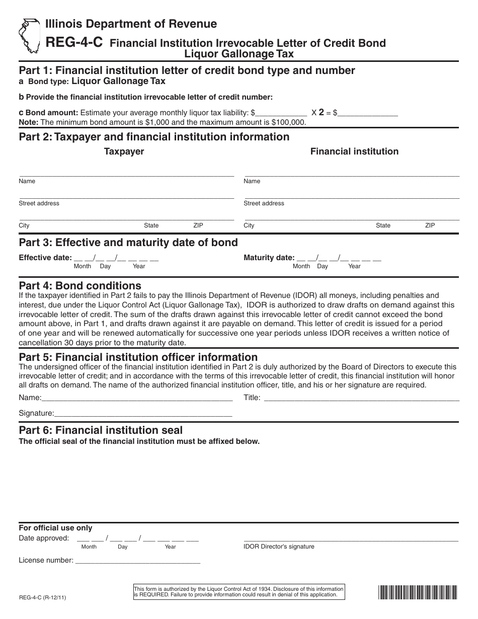 Form REG-4-C Financial Institution Irrevocable Letter of Credit Bond Liquor Gallonage Tax - Illinois, Page 1