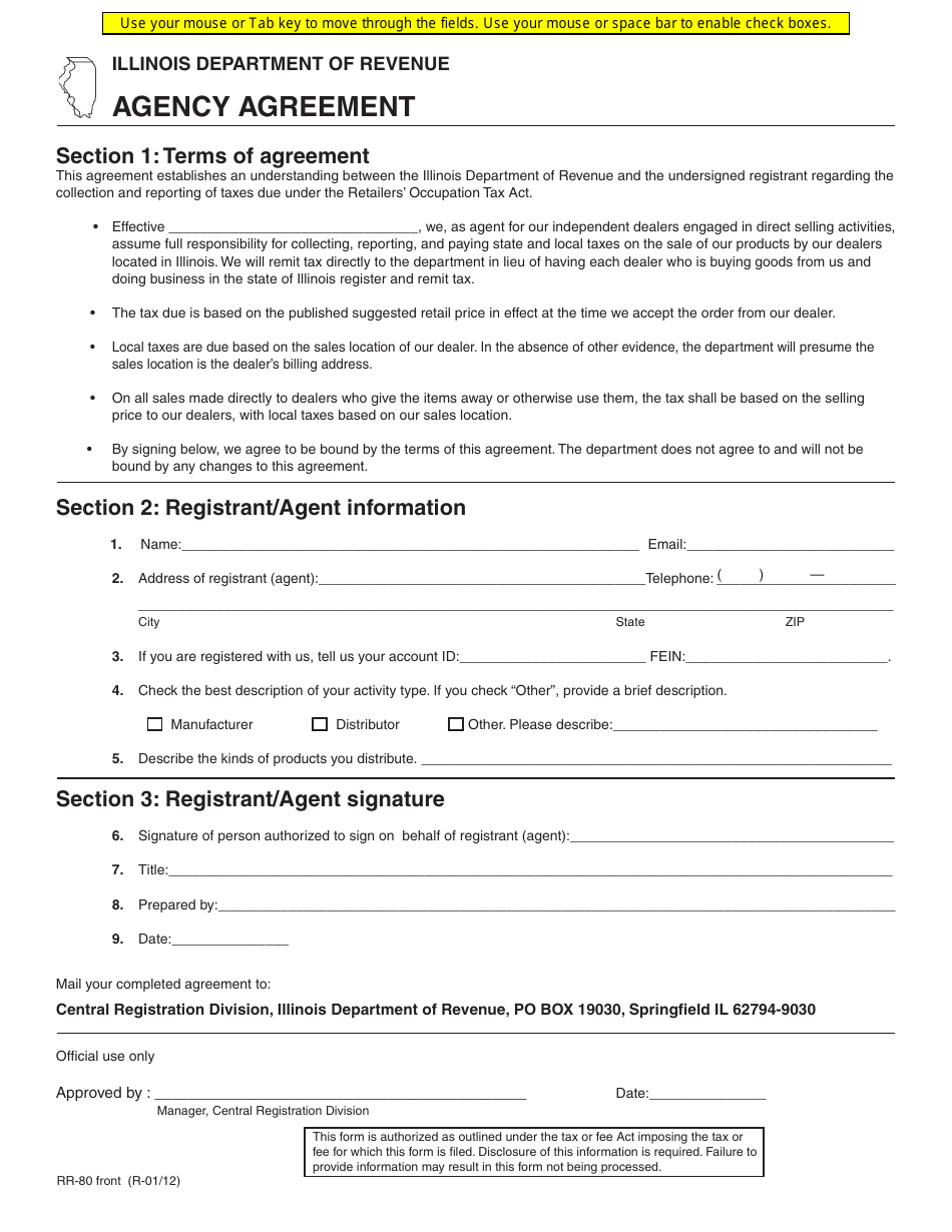 Form RR-80 Agency Agreement - Illinois, Page 1