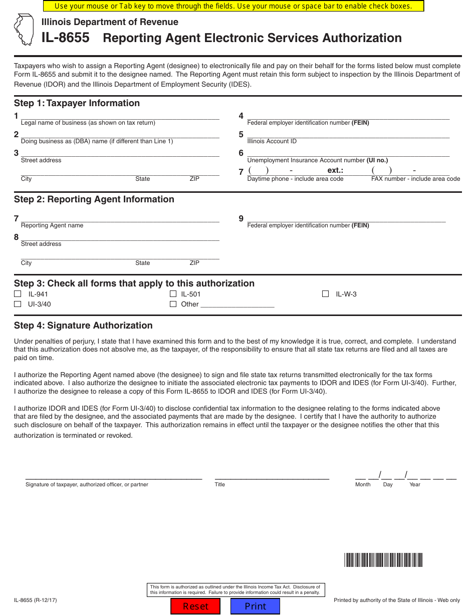 Form IL-8655 Reporting Agent Electronic Services Authorization - Illinois, Page 1