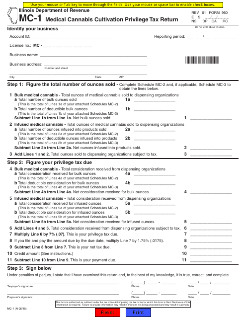 Form 960 (MC-1) Medical Cannabis Cultivation Privilege Tax Return - Illinois