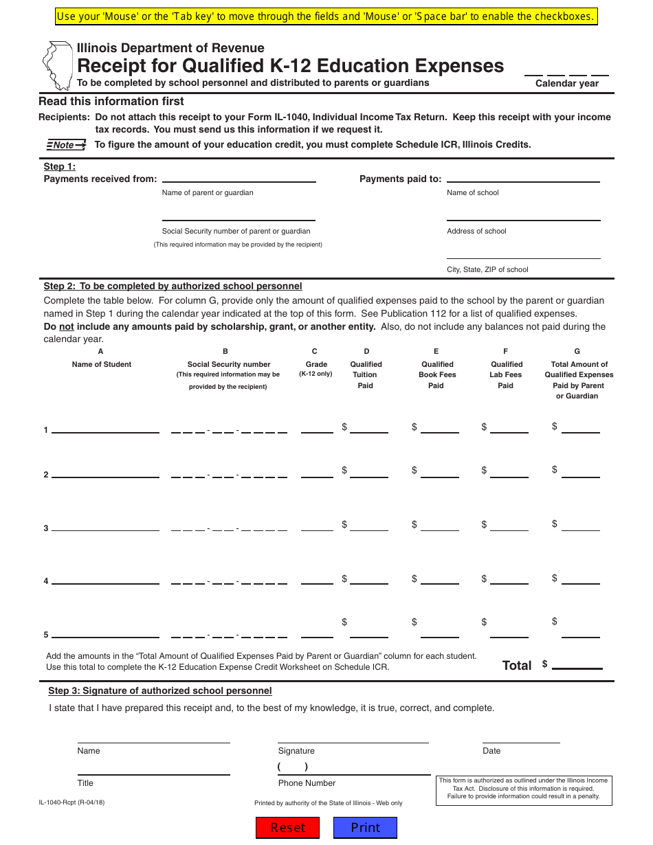 Form IL-1040-RCPT Receipt for Qualified K-12 Education Expenses - Illinois, Page 1