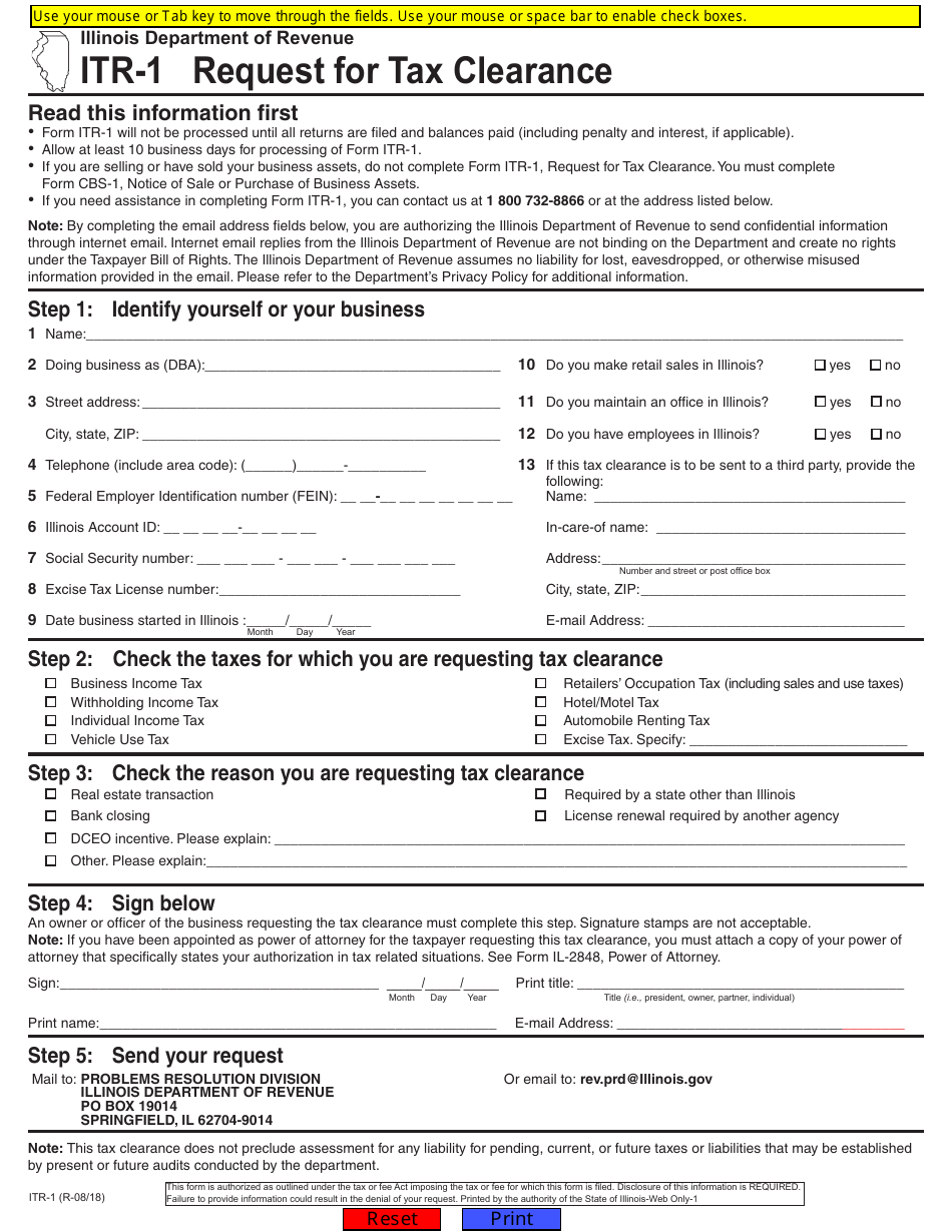 Form ITR-1 Itr-1 Request for Tax Clearance - Illinois, Page 1