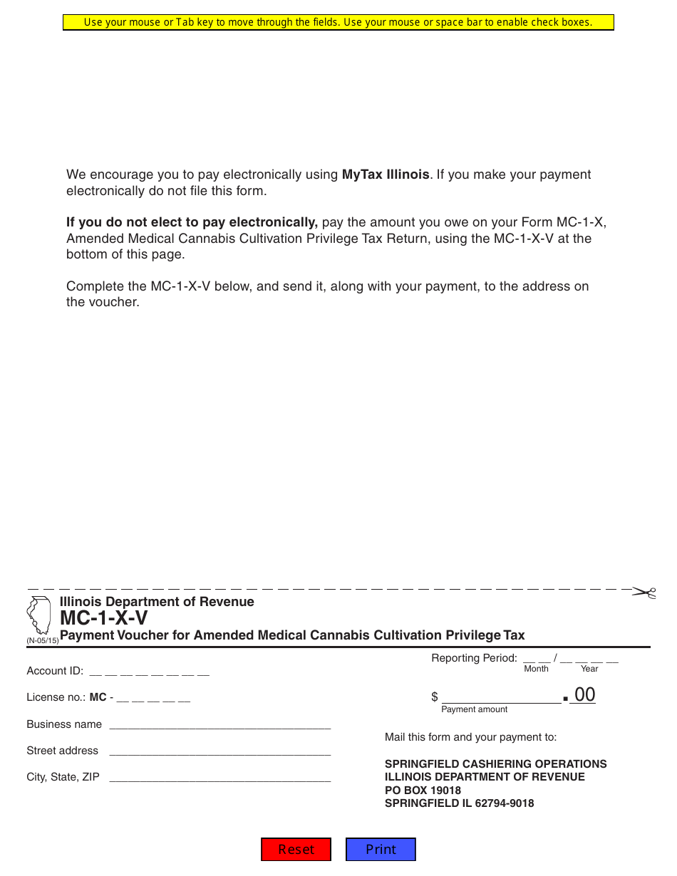 Form MC-1-X-V Payment Voucher for Amended Medical Cannabis Cultivation Privilege Tax - Illinois, Page 1