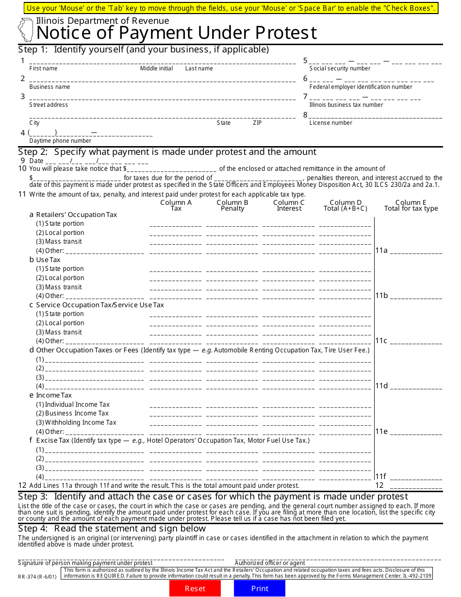 Form RR-374 - Fill Out, Sign Online and Download Fillable PDF, Illinois ...