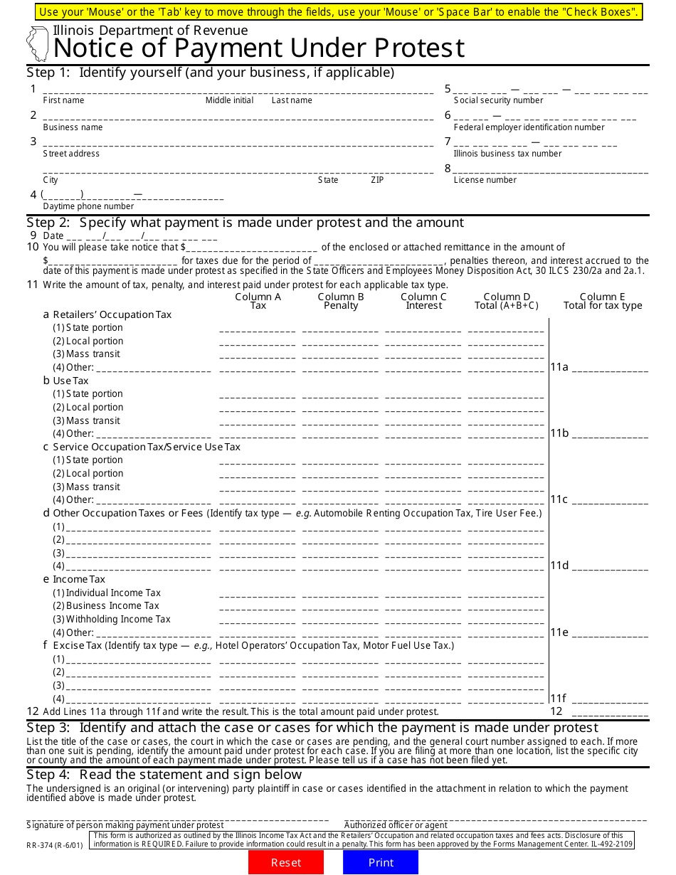 Form RR-374 Notice of Payment Under Protest - Illinois, Page 1