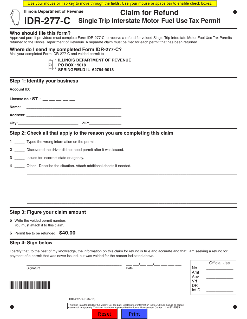 Form IDR-277-C Claim for Refund - Single Trip Interstate Motor Fuel Use Tax Permit - Illinois, Page 1