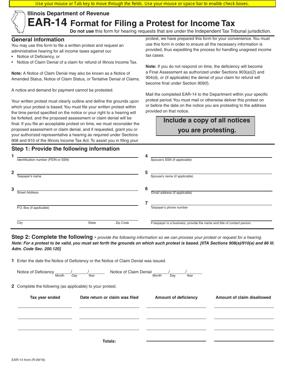 Form EAR-14 Format for Filing a Protest for Income Tax - Illinois, Page 1
