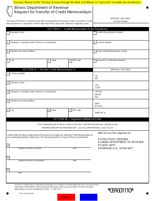 Form RCR-16 Request for Transfer of Credit Memorandum - Illinois