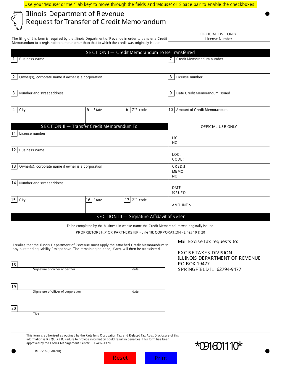 Form Rcr-16 - Fill Out, Sign Online And Download Fillable Pdf, Illinois 