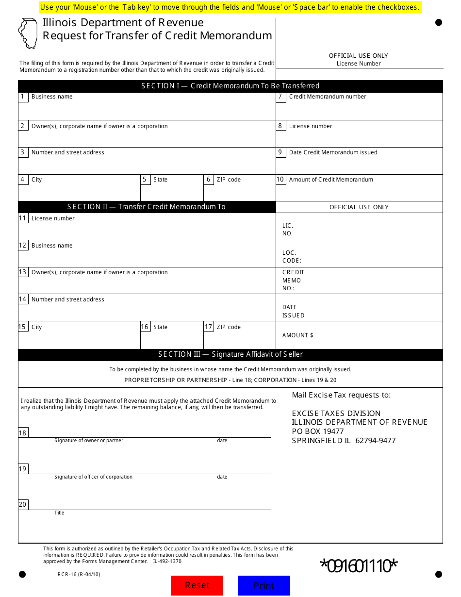 Form RCR-16 Request for Transfer of Credit Memorandum - Illinois, Page 1