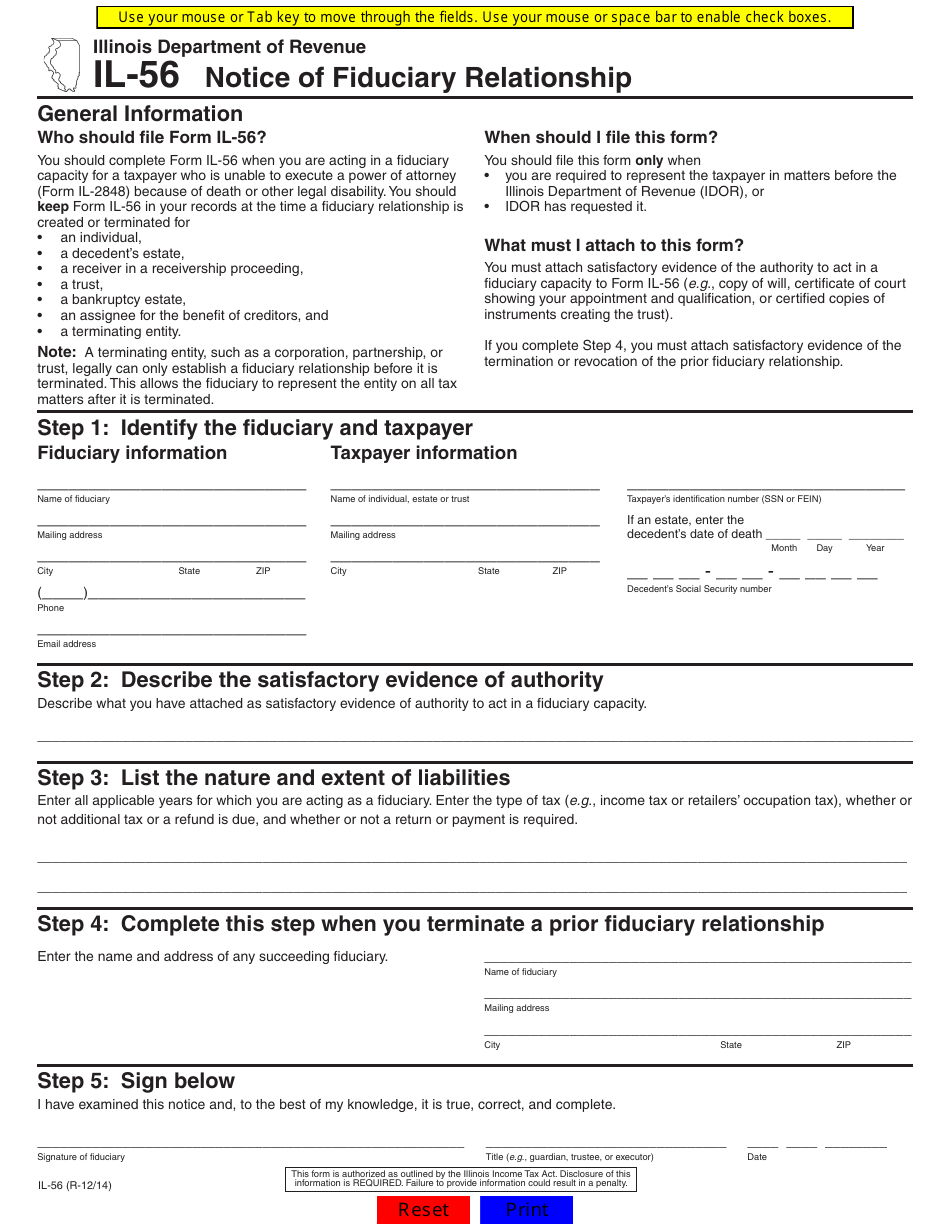 Form IL-56 Notice of Fiduciary Relationship - Illinois, Page 1
