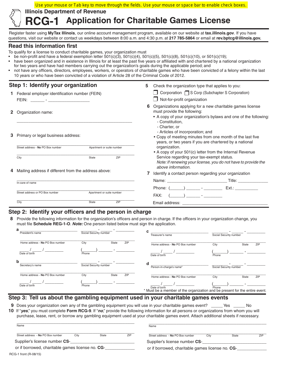 Form RCG-1 Application for Charitable Games License - Illinois, Page 1