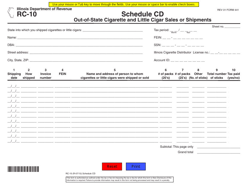 Form RC-10 Schedule CD Out-of-State Cigarette and Little Cigar Sales or Shipments - Illinois