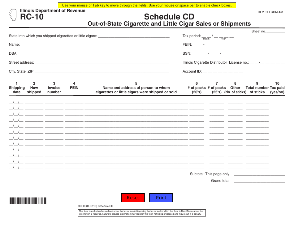 Form RC-10 Schedule CD Out-of-State Cigarette and Little Cigar Sales or Shipments - Illinois, Page 1
