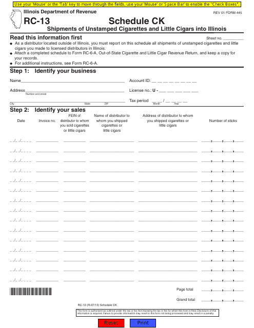Form RC-13 Schedule CK  Printable Pdf