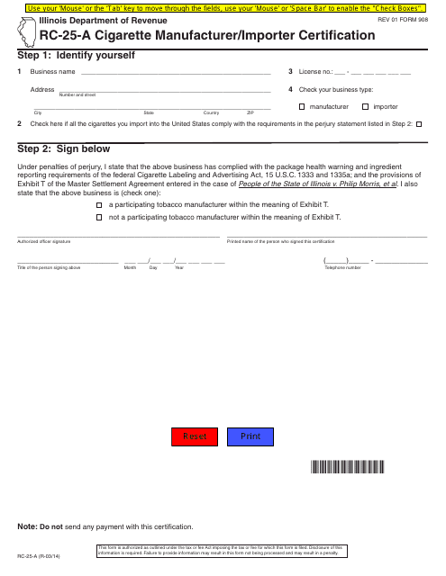 Form RC-25-A Cigarette Manufacturer/Importer Certification - Illinois