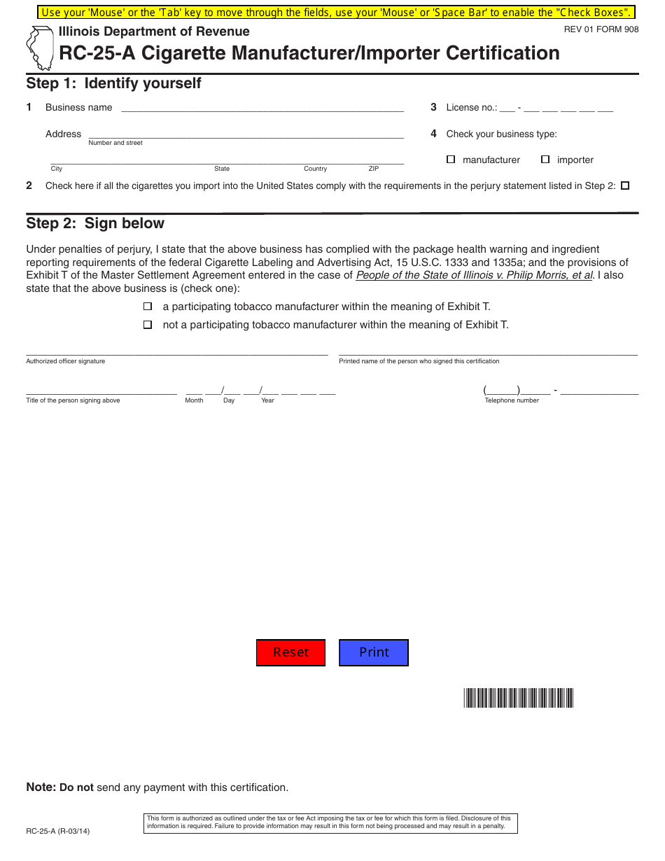 Form RC-25-A Cigarette Manufacturer / Importer Certification - Illinois, Page 1