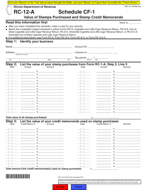 Form RC-12-A Schedule CF-1  Printable Pdf