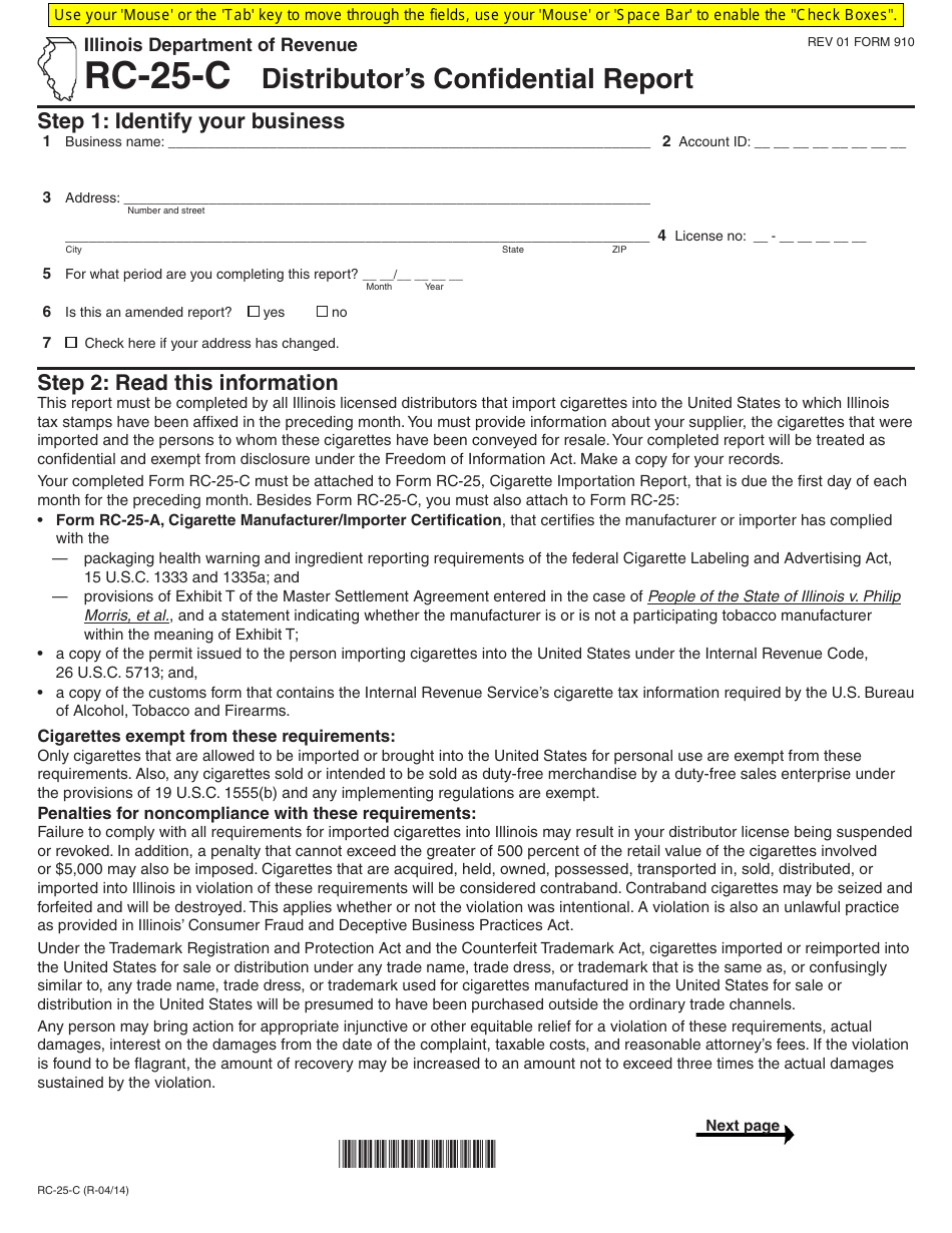 Form RC-25-C Distributors Confidential Report - Illinois, Page 1