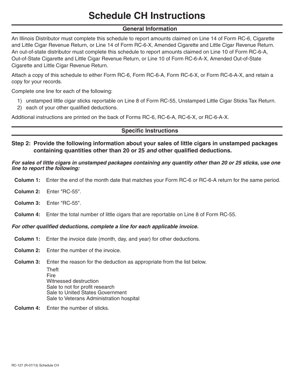 Instructions for Form RC-127 Schedule CH Other Deductions - Cigarettes and Little Cigars - Illinois, Page 1