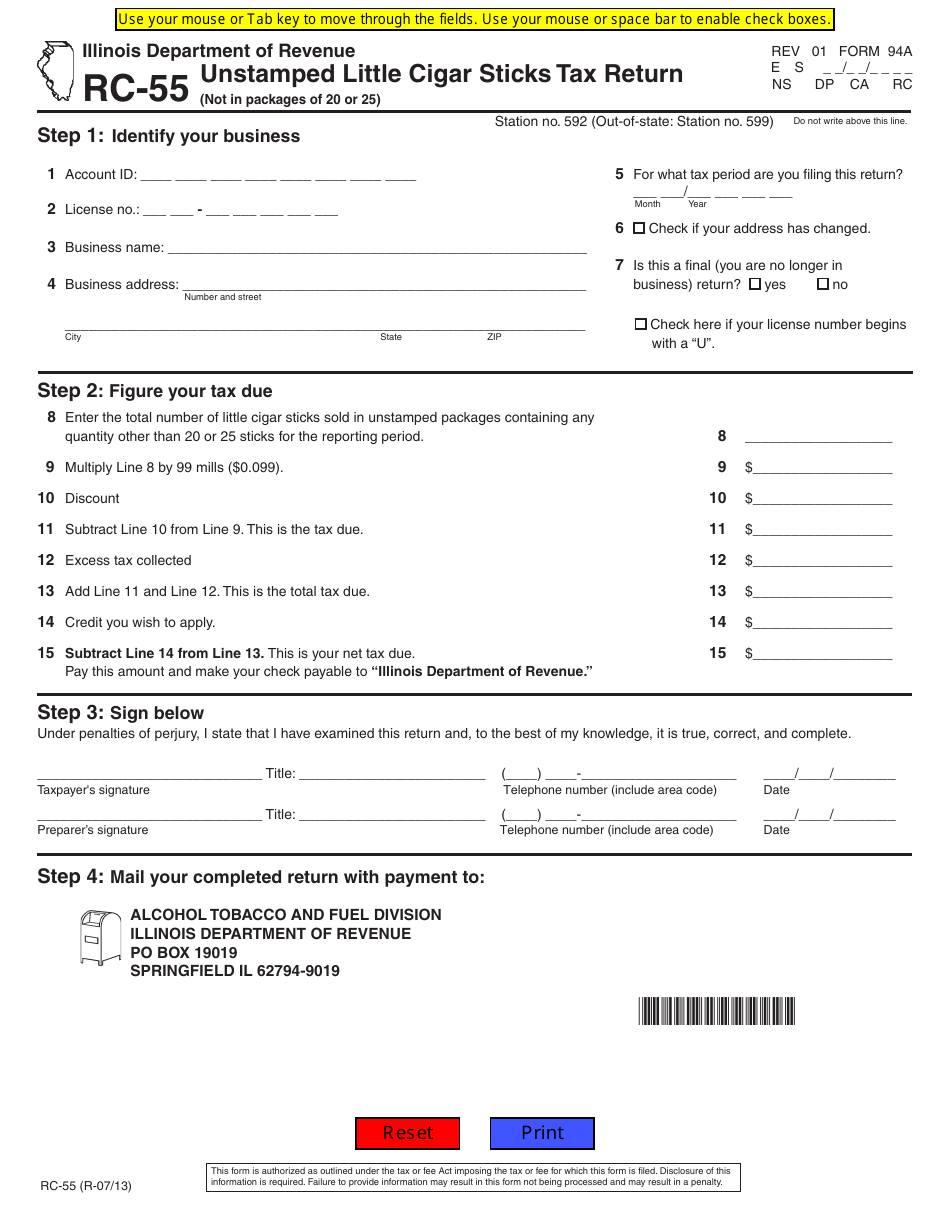 Form 94A (RC-55) Unstamped Little Cigar Sticks Tax Return - Illinois, Page 1