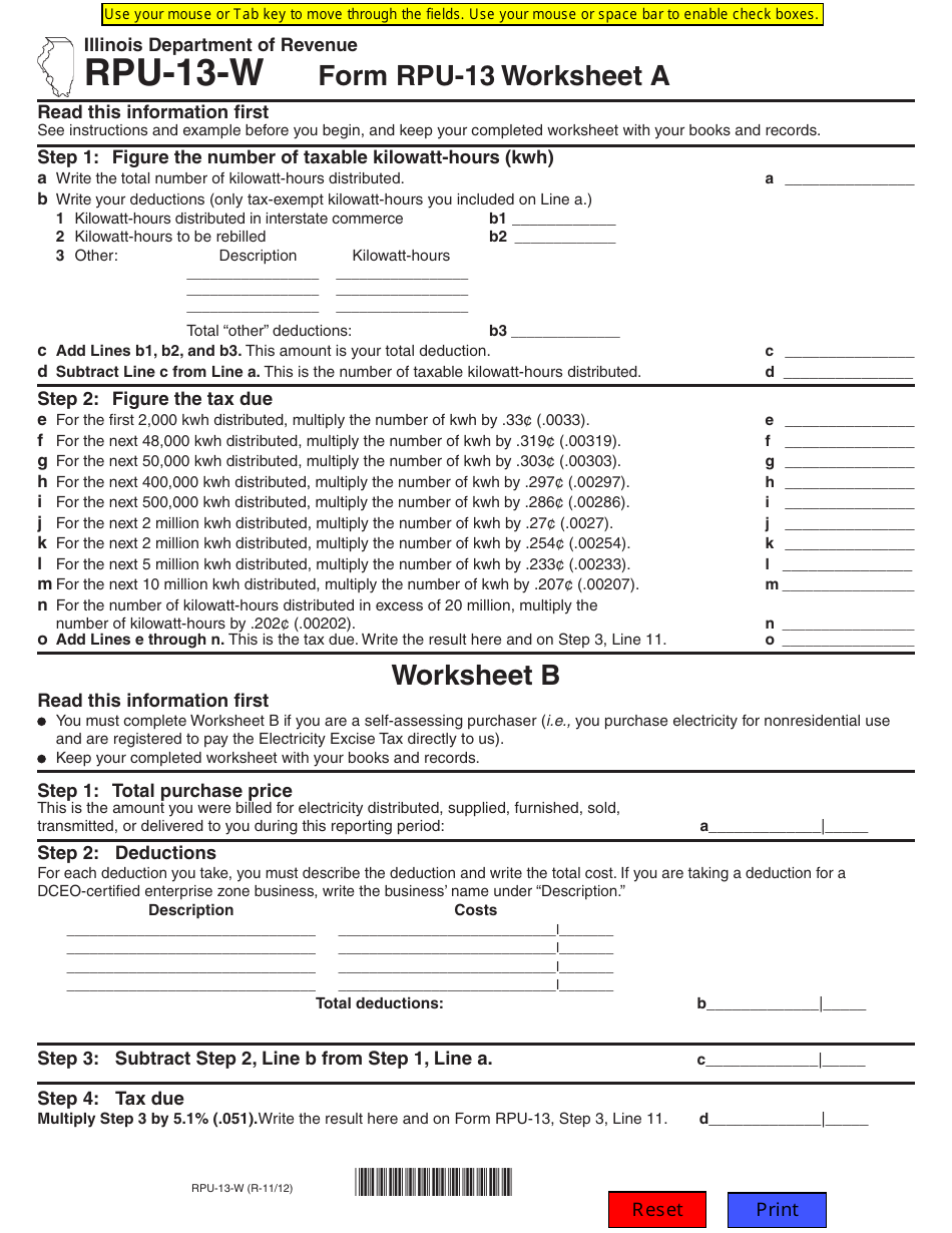 Form RPU-13-W Form Rpu-13 Worksheet a and Worksheet B - Illinois, Page 1
