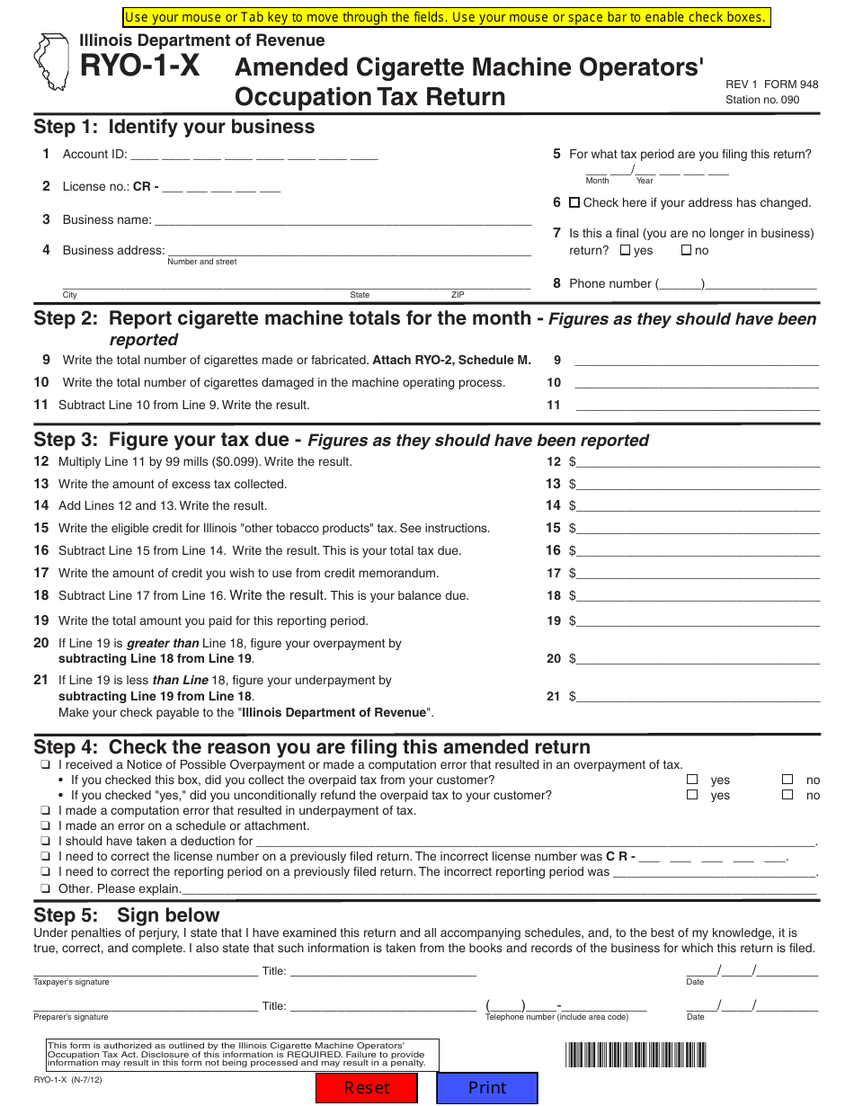 Form 948 (RYO-1-X) Amended Cigarette Machine Operators Occupation Tax Return - Illinois, Page 1