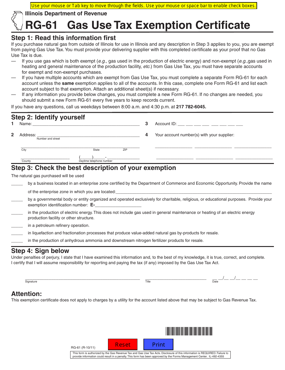 Form RG-61 Gas Use Tax Exemption Certificate - Illinois, Page 1