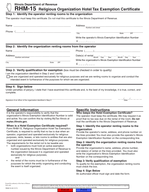 Form RHM-15 Religious Organization Hotel Tax Exemption Certificate - Illinois