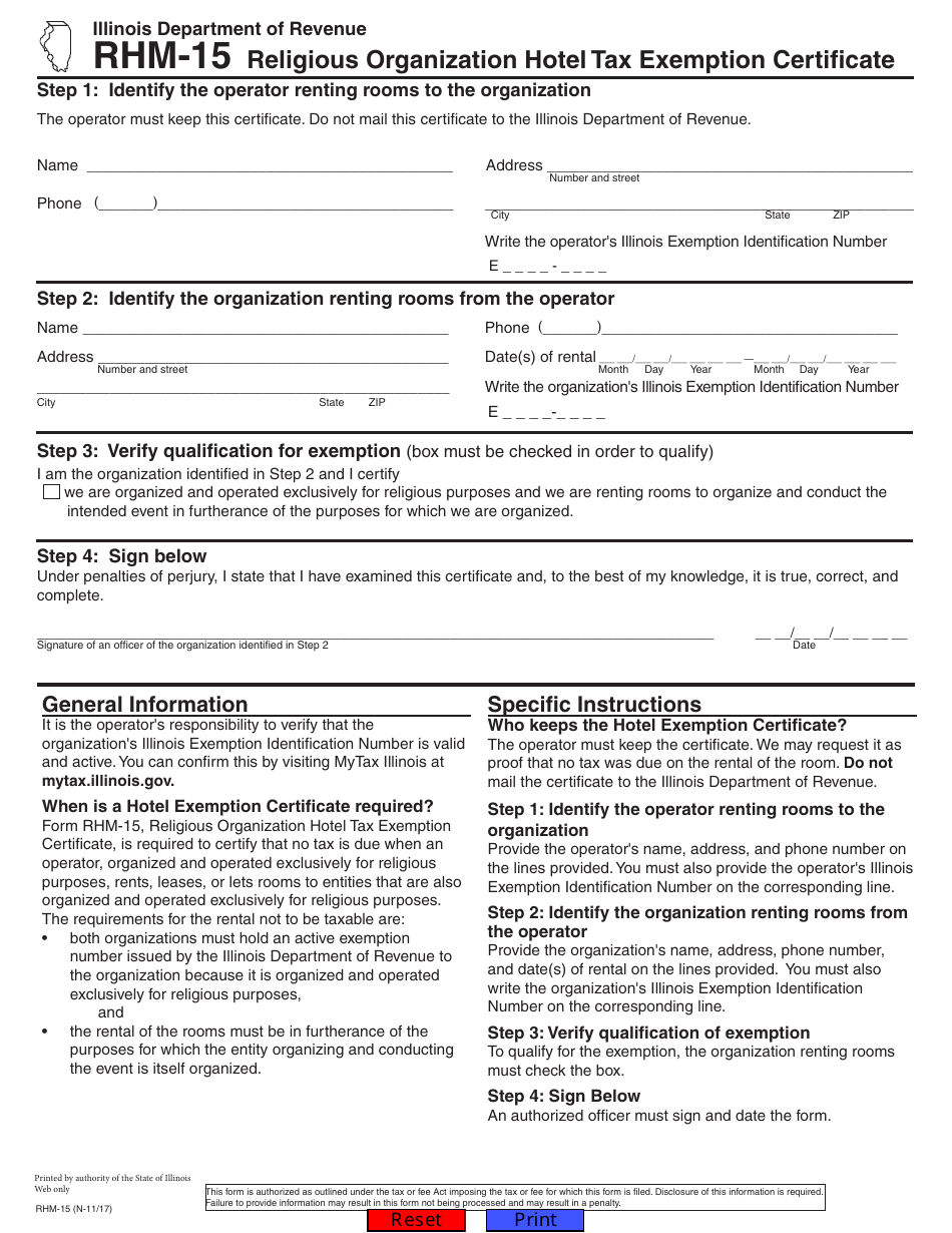 Form RHM-15 Religious Organization Hotel Tax Exemption Certificate - Illinois, Page 1