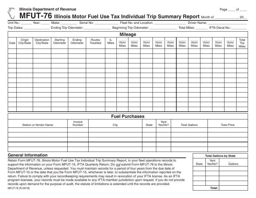 Form MFUT-76 Illinois Motor Fuel Use Tax Individual Trip Summary Report - Illinois