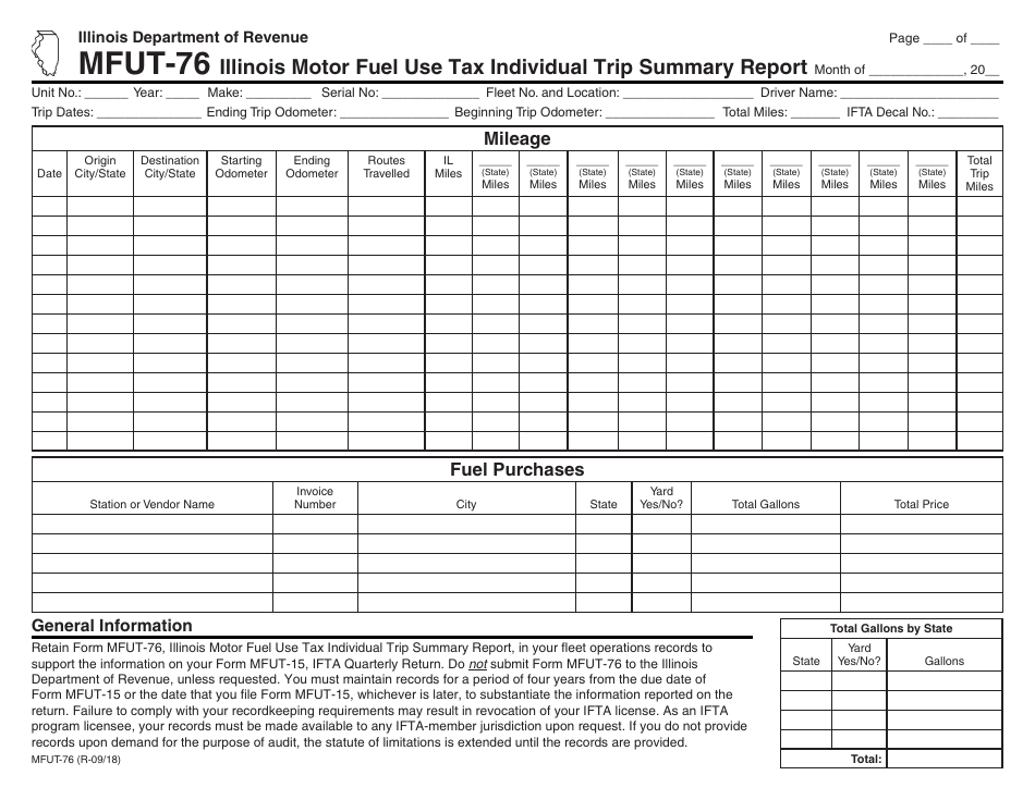 Form MFUT-76 Illinois Motor Fuel Use Tax Individual Trip Summary Report - Illinois, Page 1