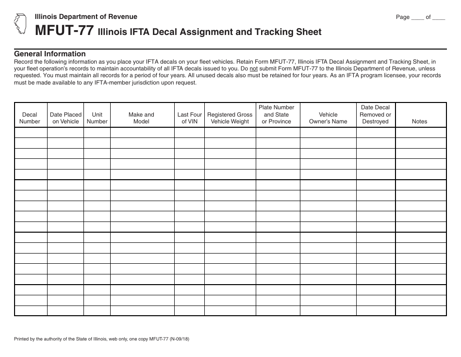 Form MFUT-77 Illinois Ifta Decal Assignment and Tracking Sheet - Illinois, Page 1