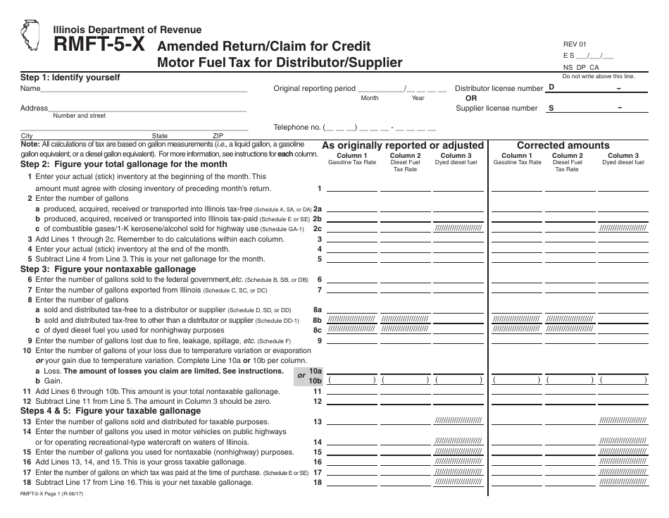 Form RMFT-5-X Amended Return / Claim for Credit Motor Fuel Tax for Distributor / Supplier - Illinois, Page 1