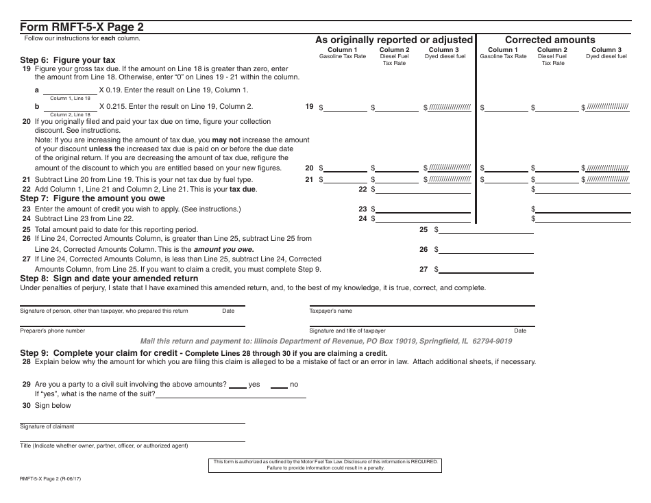 Form RMFT-5-X Amended Return / Claim for Credit Motor Fuel Tax for Distributor / Supplier - Illinois, Page 2