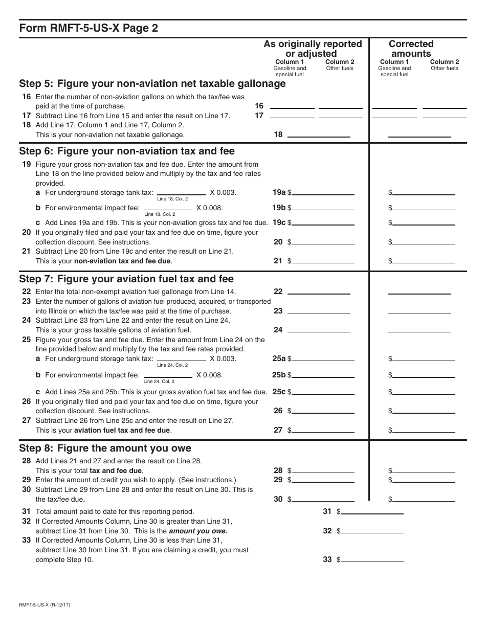 Form RMFT-5-US-X Amended Return / Claim for Credit Underground Storage Tank Tax and Environmental Impact Fee - Illinois, Page 2