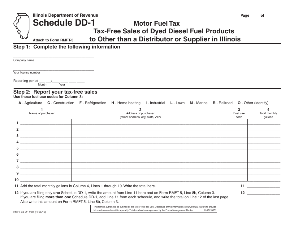 Form RMFT-33-DF Schedule DD-1 Tax-Free Sales of Dyed Diesel Fuel Products to Other Than a Distributor or Supplier in Illinois - Illinois, Page 1