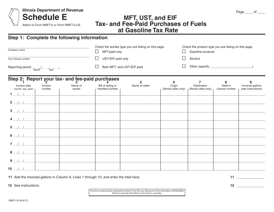 Form RMFT-10 Schedule E Mft, Ust, and Eif Tax- and Fee-Paid Purchases of Fuels at Gasoline Tax Rate - Illinois, Page 1