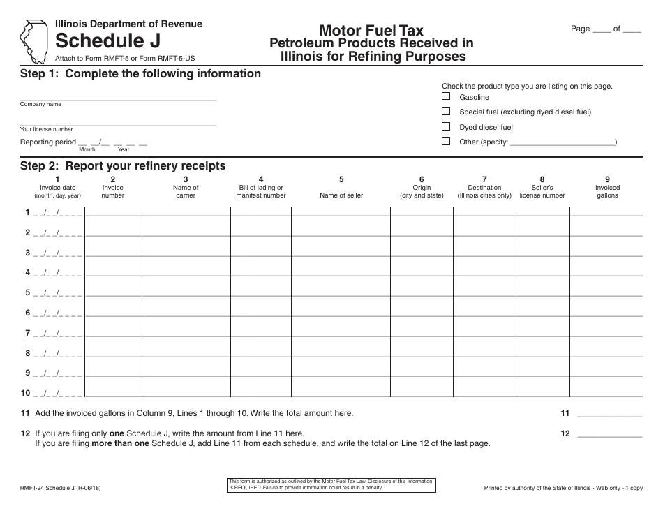 Form RMFT-24 Schedule J Petroleum Products Received in Illinois for Refining Purposes - Illinois, Page 1