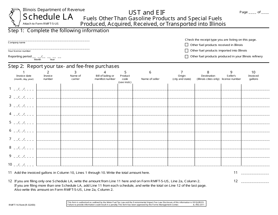 Form RMFT-16 Schedule LA Fuels Other Than Gasoline Products and Special Fuels Produced, Acquired, Received, or Transported Into Illinois - Illinois, Page 1