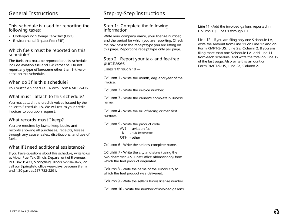 Form RMFT-16 Schedule LA Fuels Other Than Gasoline Products and Special Fuels Produced, Acquired, Received, or Transported Into Illinois - Illinois, Page 2