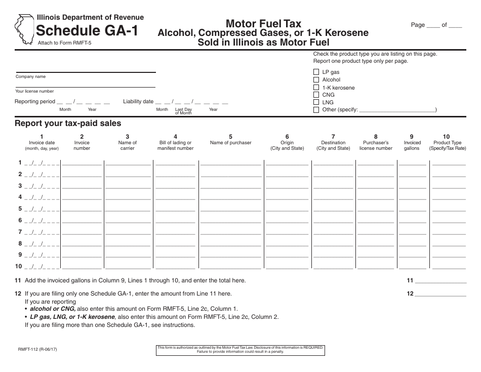 Form RMFT-112 Schedule GA-1 Alcohol, Compressed Gases, or 1-k Kerosene Sold in Illinois as Motor Fuel - Illinois, Page 1