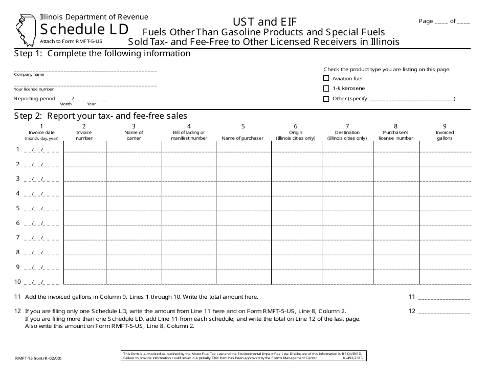 Form RMFT-15 Schedule LD Ust and Eif Fuels Other Than Gasoline Products and Special Fuels Sold Tax- and Fee-Free to Other Licensed Receivers in Illinois - Illinois, Page 1