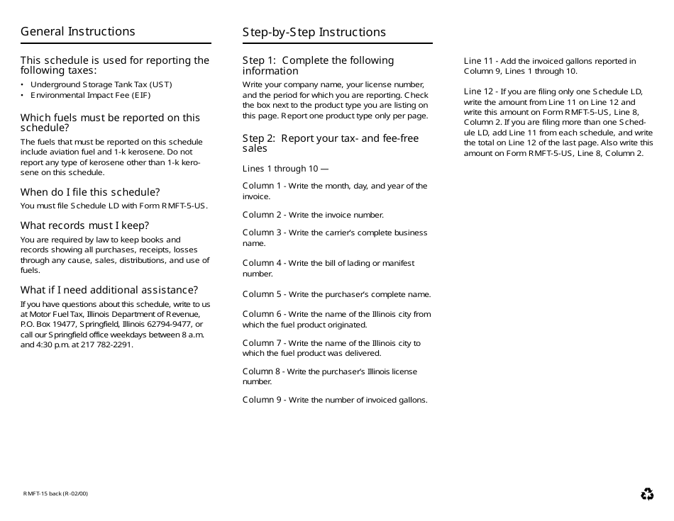 Form RMFT-15 Schedule LD Ust and Eif Fuels Other Than Gasoline Products and Special Fuels Sold Tax- and Fee-Free to Other Licensed Receivers in Illinois - Illinois, Page 2
